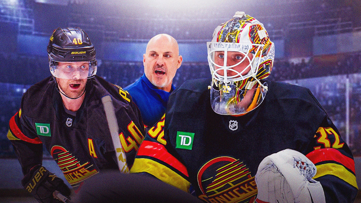 Canucks forward Elias Pettersson, goaltender Kevin Lankinen, and coach Rick Tocchet