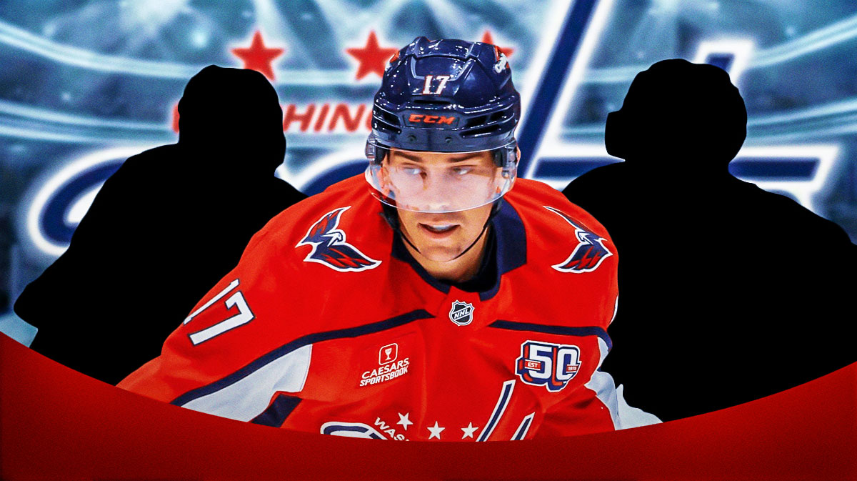 Dylan Strome in middle, silhouette of Connor McMichael and Aliaksei Protas on either side, Washington Capitals logo, hockey rink in background