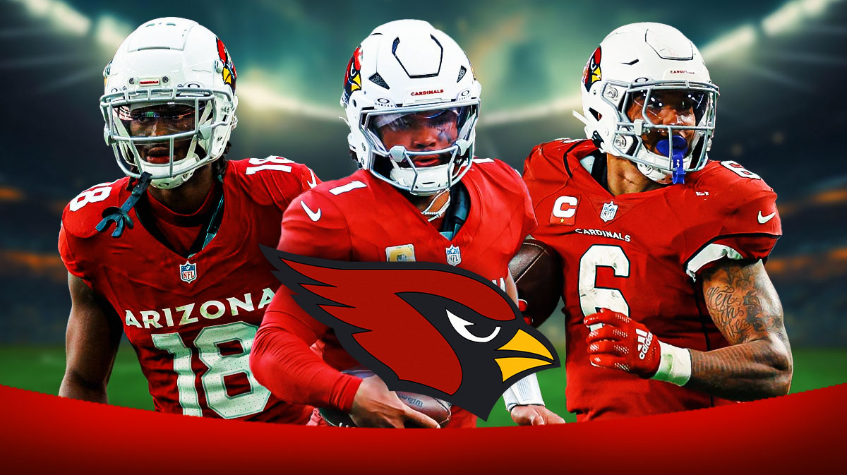 Arizona Cardinals QB Kyler Murray with RB James Conner and WR Marvin Harrison Jr. There is also a logo for the Arizona Cardinals.