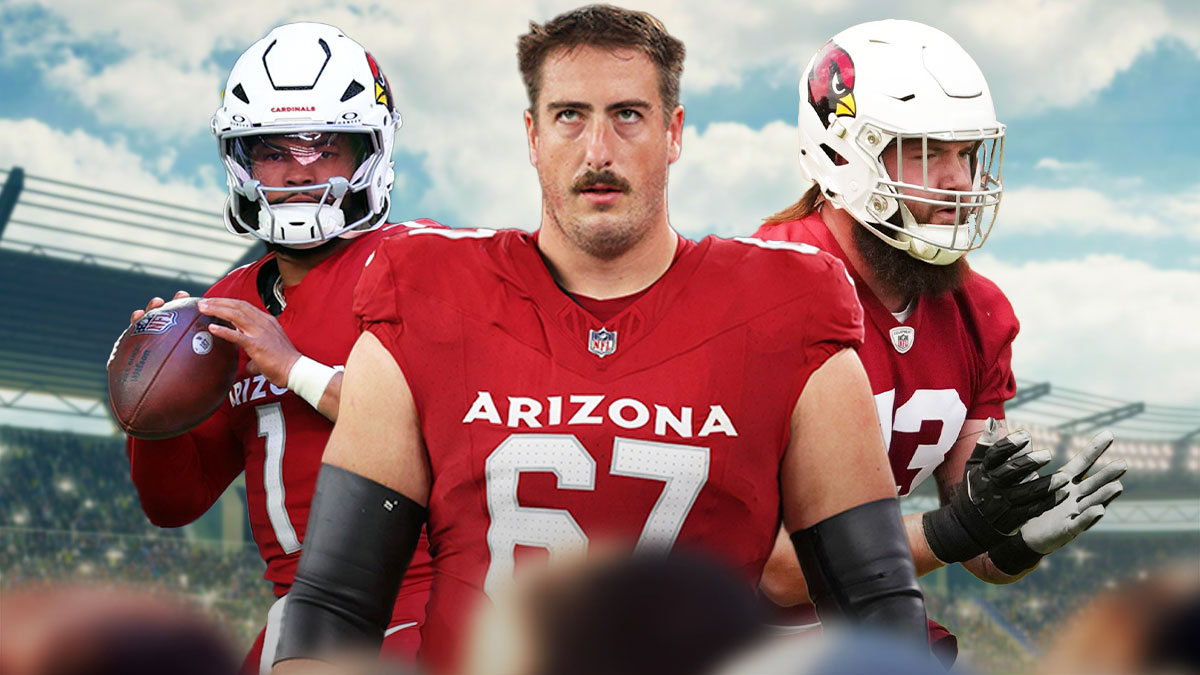 Kyler Murray, Jonah Williams and Charlie Heck in Arizona Cardinals uniforms as the Cardinals released Heck and could replace him with Williams as the cardinals offense continues to improve.