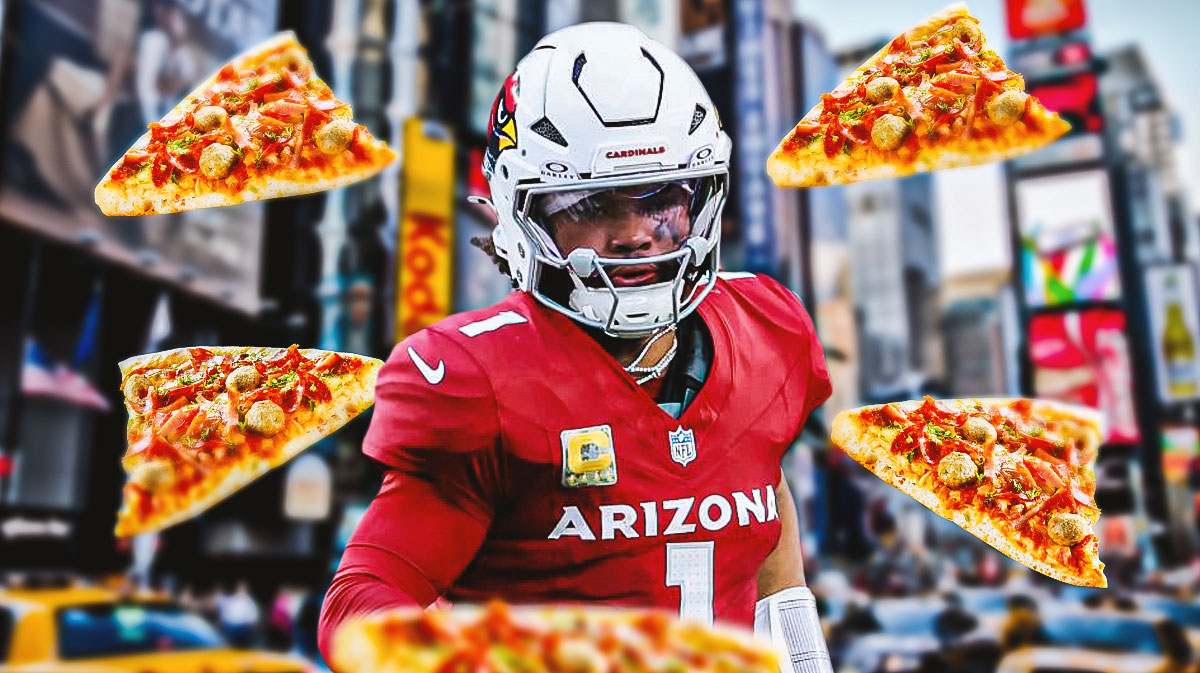 Arizona Cardinals quarterback Kyler Murray with New York City background and pizza slices.