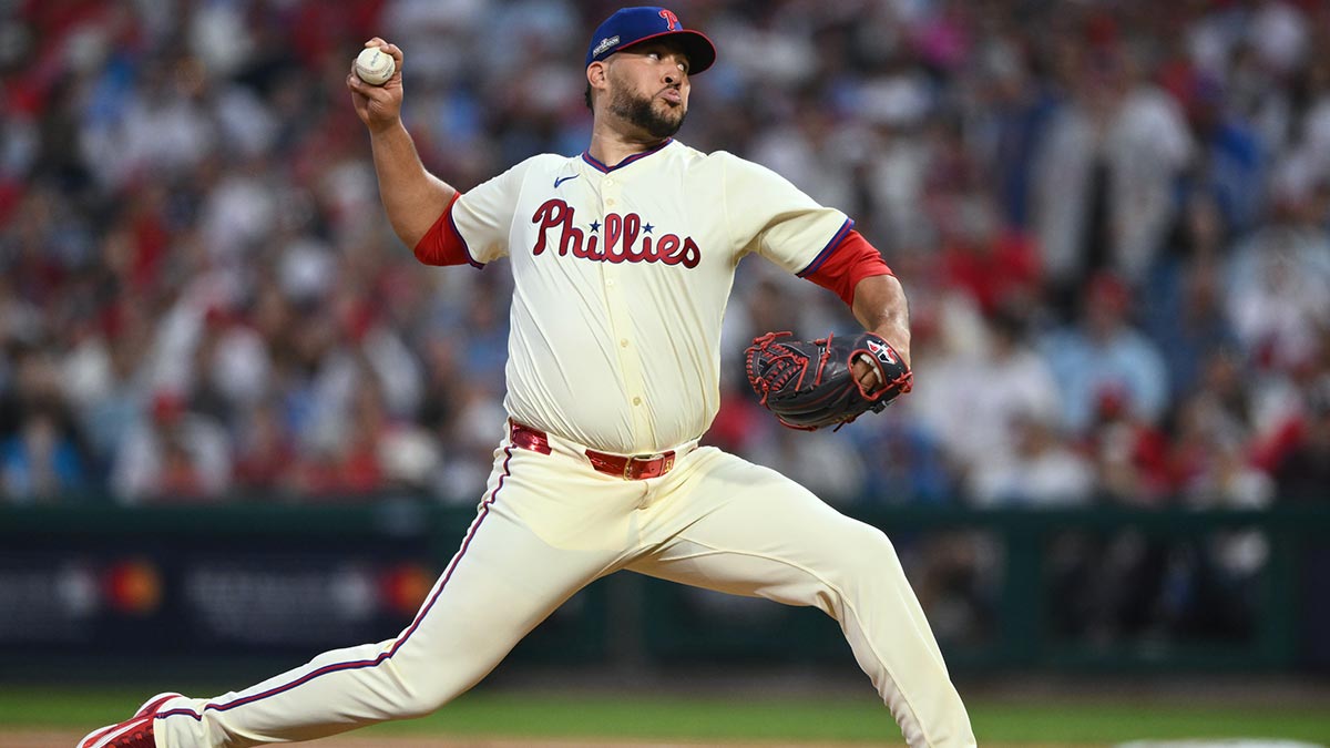 Philadelphia Phillies pitcher Carlos Estévez (53) pitches in the in the eighth inning against the New York Mets during game two of the NLDS for the 2024 MLB Playoffs at Citizens Bank Park.