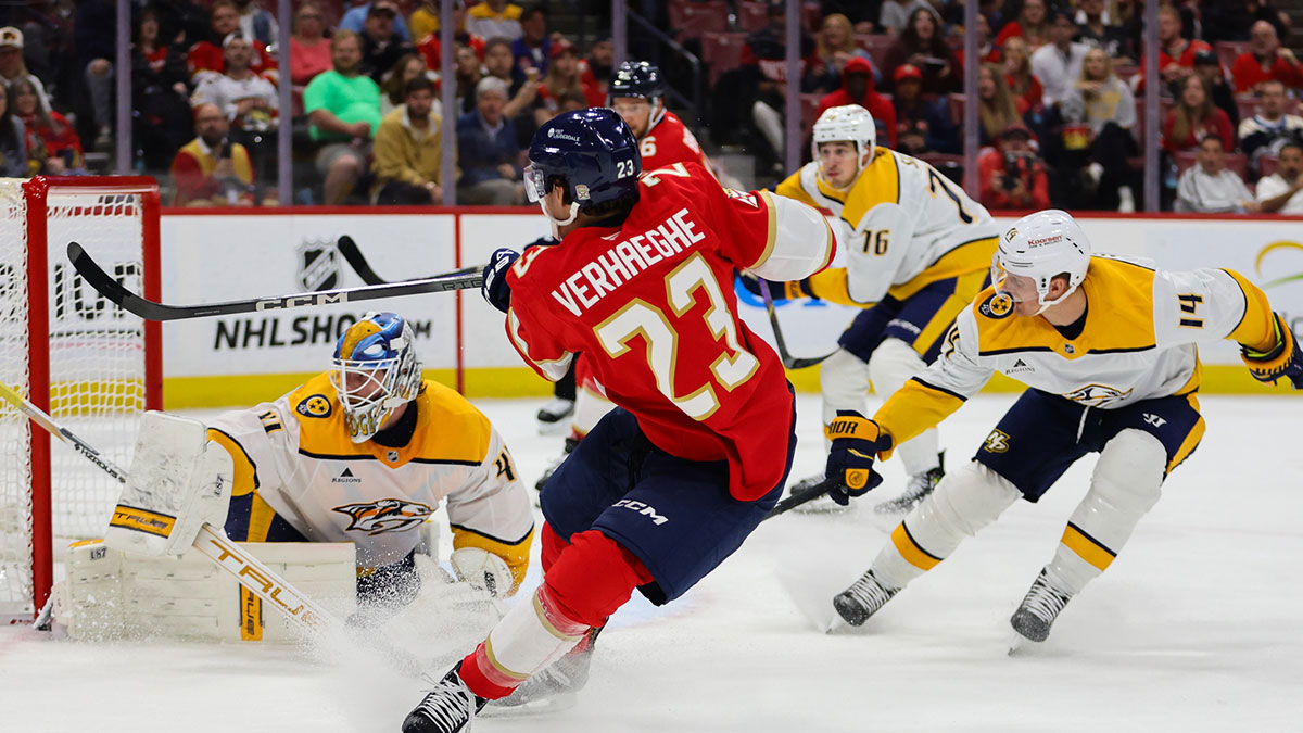Florida Panthers center Carter Verhaeghe (23) scores against Nashville Predators goaltender Scott Wedgewood (41) during the second period at Amerant Bank Arena.