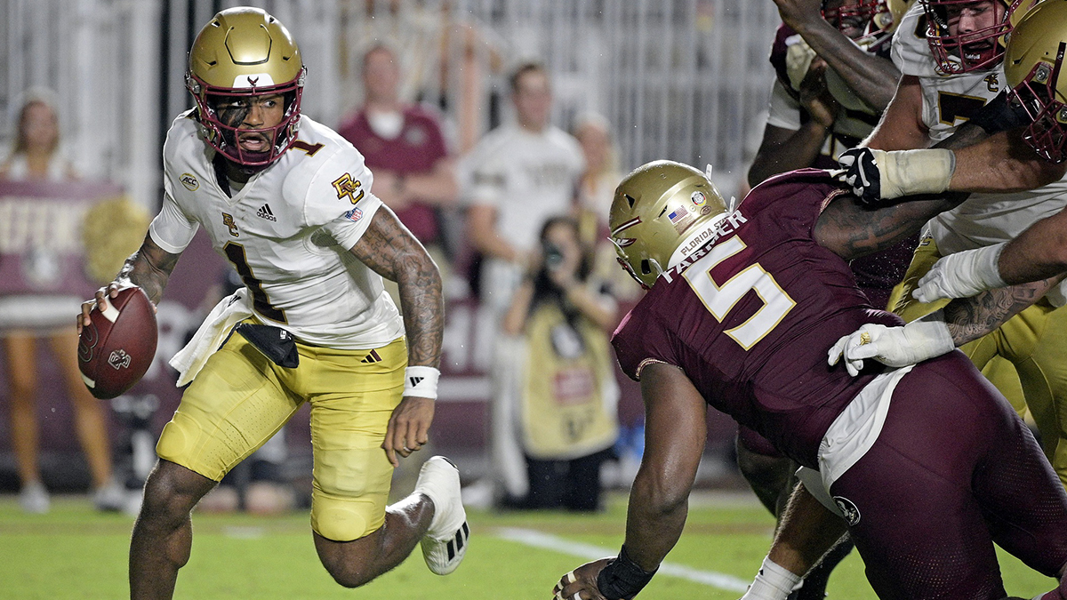 Boston College Eagles quarterback Thomas Castellanos (1) scrambles during the first half against the Florida State Seminoles at Doak S. Campbell Stadium.