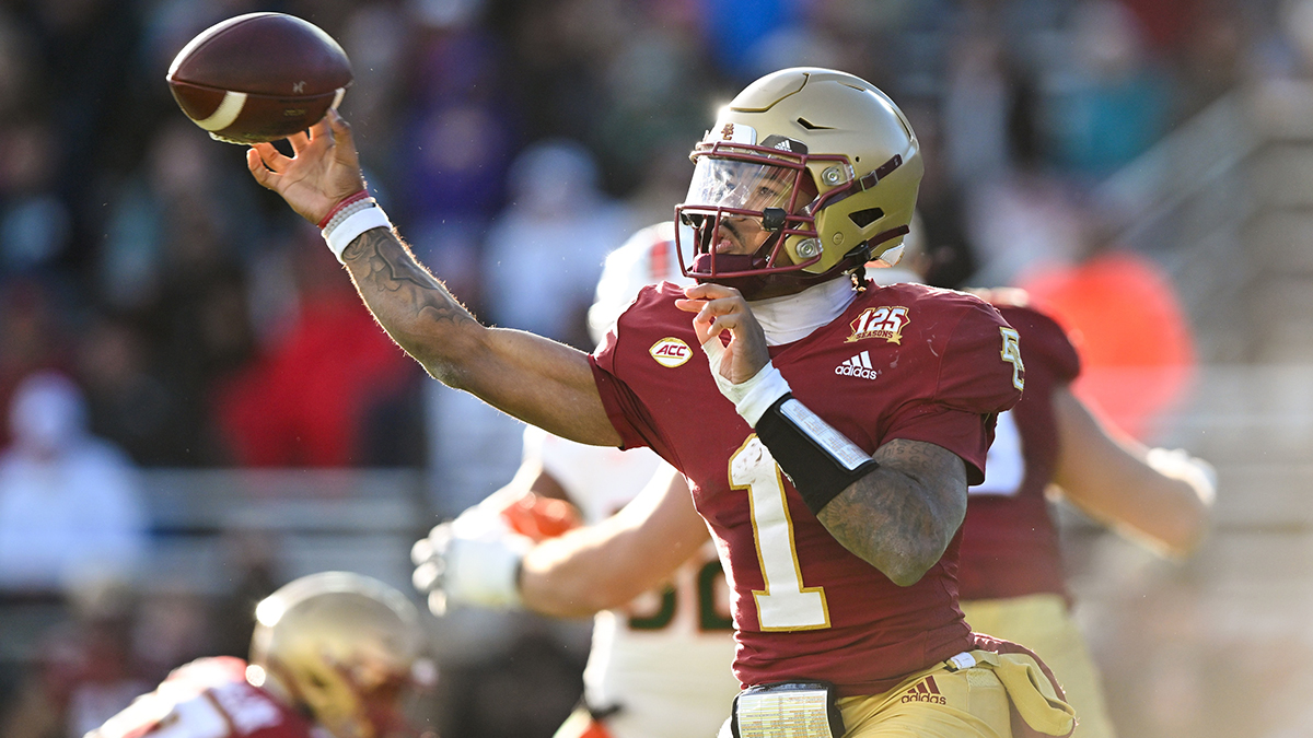 Boston College Eagles quarterback Thomas Castellanos (1) throws the ball against the Miami Hurricanes during the second half at Alumni Stadium.