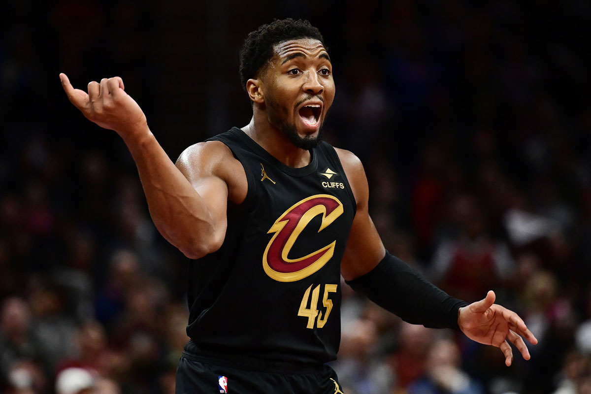 Cleveland Cavaliers guard Donovan Mitchell (45) reacts during the second half against the Chicago Bulls at Rocket Mortgage FieldHouse.