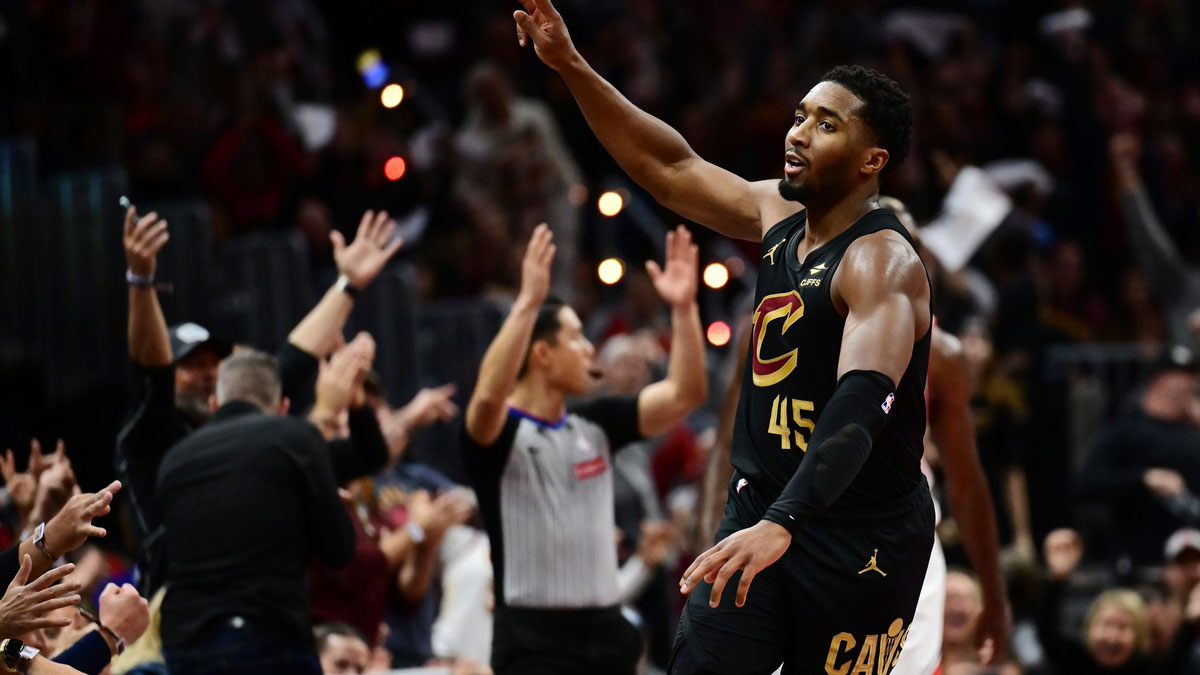  Cleveland Cavaliers guard Donovan Mitchell (45) celebrates after hitting a three point basket during the second half against the Chicago Bulls at Rocket Mortgage FieldHouse.