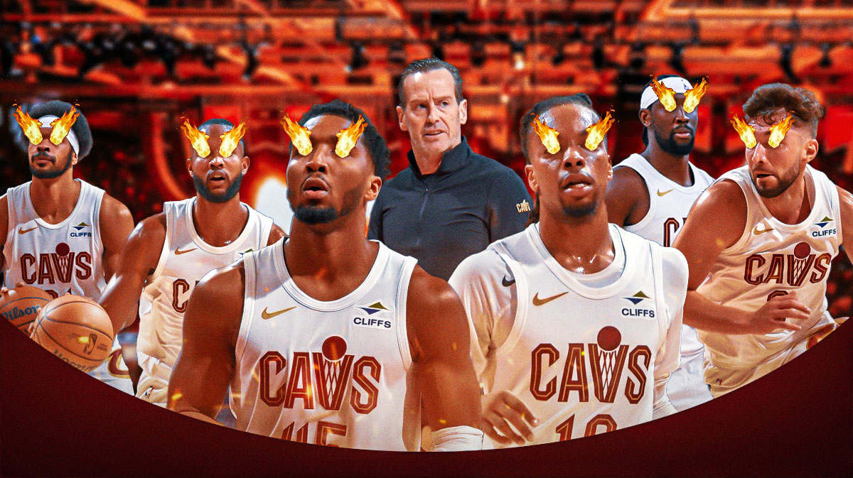 Cavs' Donovan Mitchell, Darius Garland, Evan Mobley, Jarrett Allen, Ty Jerome, Caris LeVert with flame emoji eyes, Kenny Atkinson