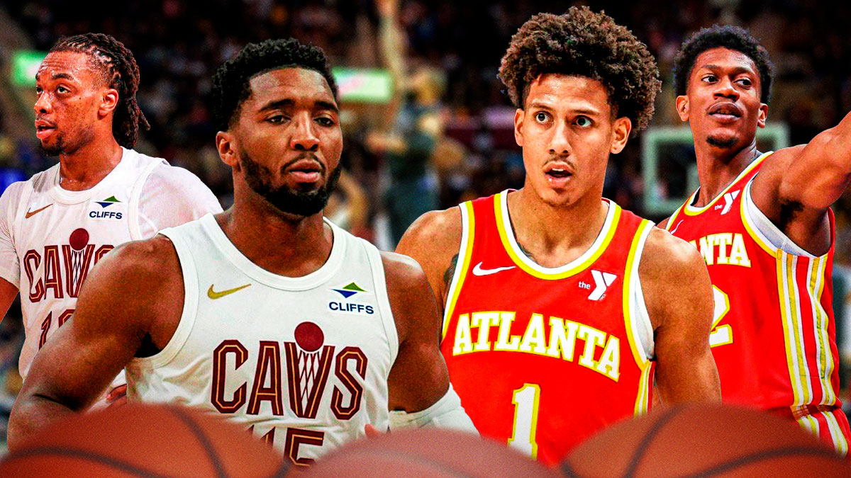 Donovan Mitchell and Darius Garland next to Jalen Johnson and De'Andre Hunter