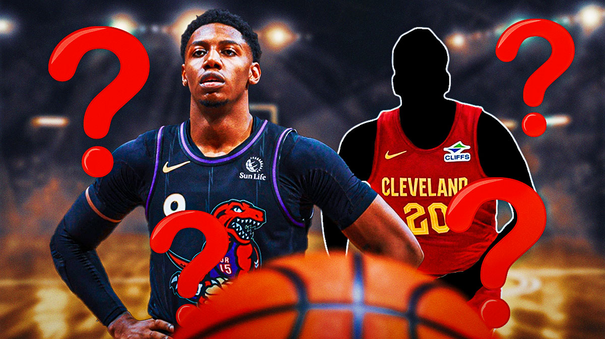 A silhouetted Cavs player next to RJ Barrett surrounded by question marks with a Cavs-Raptors-themed BG.