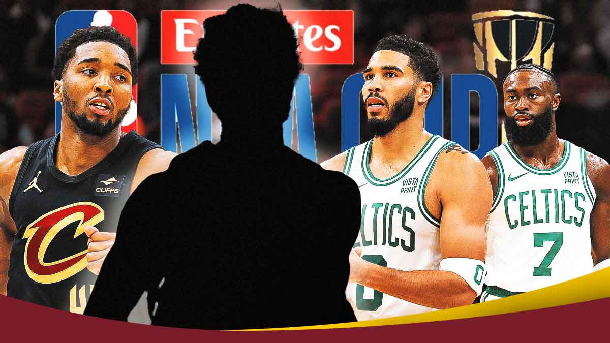 A silhouetted Cavs player next to Donovan Mitchell on the left side of the image while Jayson Tatum and Jaylen Brown are on the right with the NBA Cup between them.