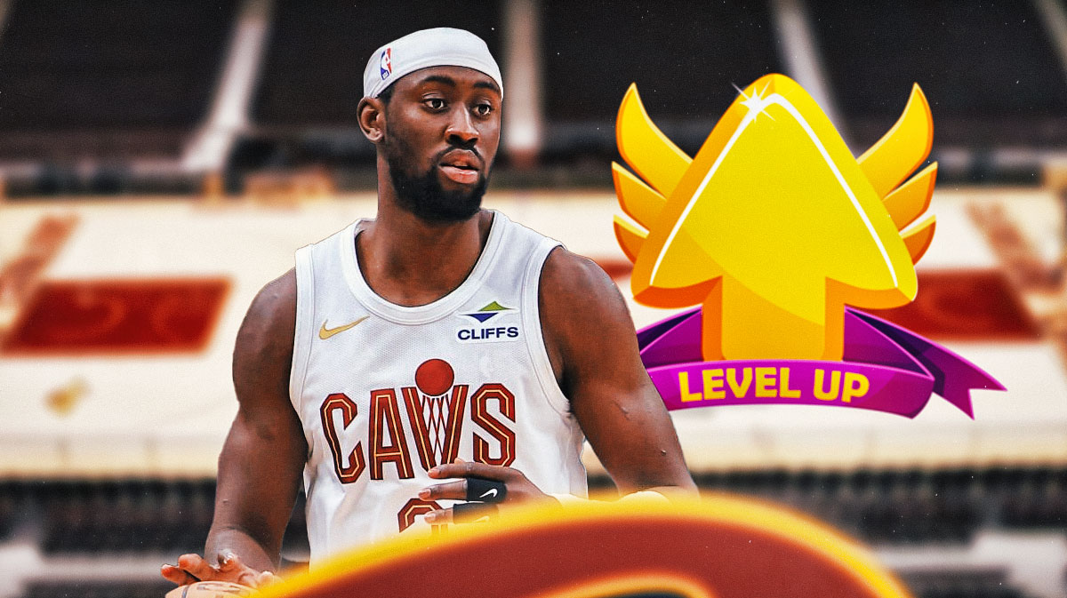 Caris LeVert with a "level up" arrow next to him featuring a Cavs-Hawks themed BG.