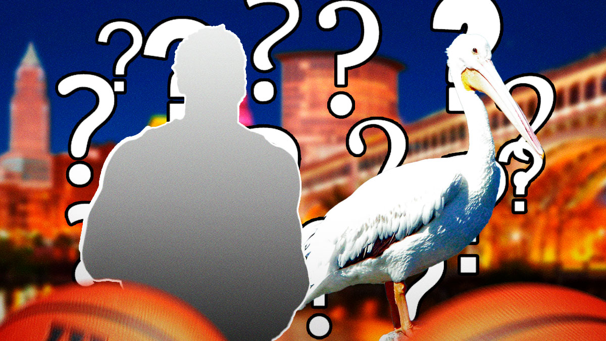 silhouetted Cavs player surrounded by question marks next to Pelican surrounded by question marks.