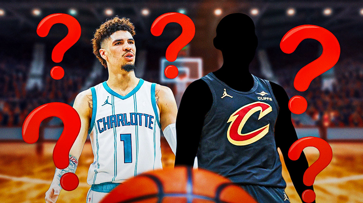 A silhouetted Cavs player next to LaMelo Ball surrounded by question marks.
