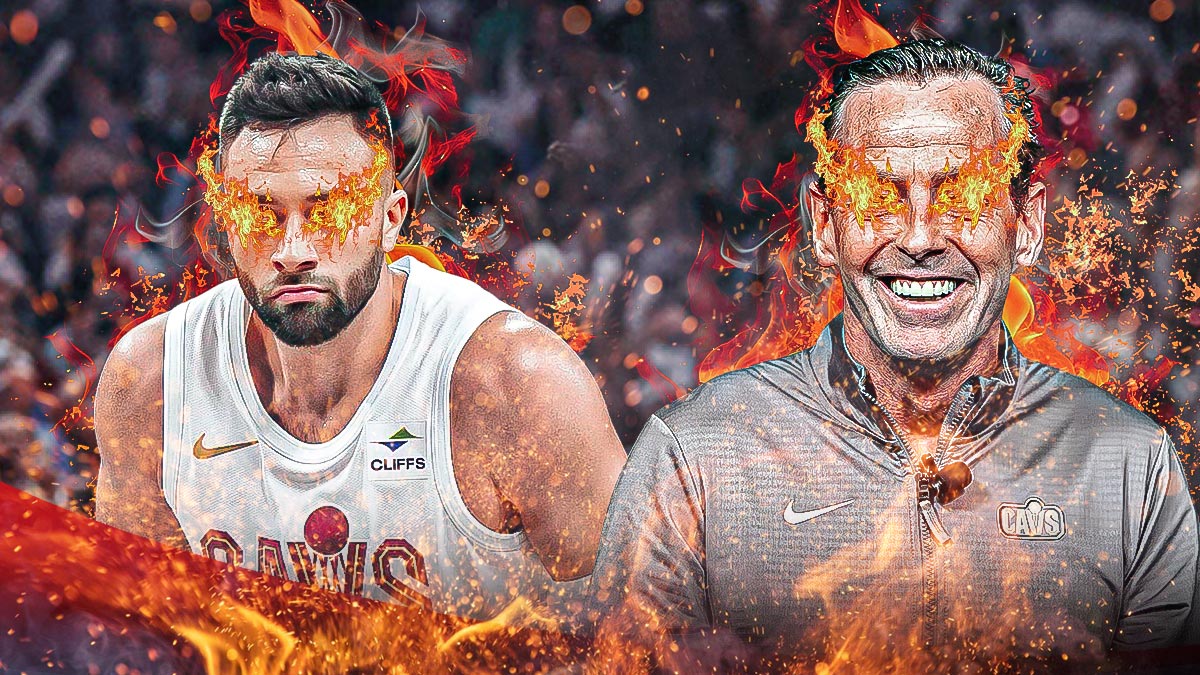 Kenny Atkinson and Max Strus side by side with fire in their eyes featuring a Vaporwave Cavs-themed BG.