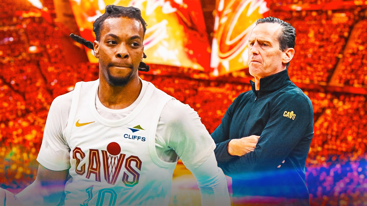 Darius Garland next to Kenny Atkinson featuring a Cavs-themed bg.