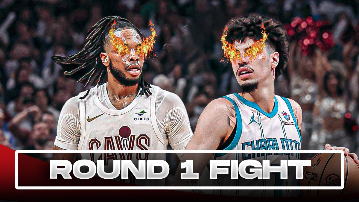 Darius Garland and LaMelo Ball (both with fire in their eyes) side-by-side surrounded by question marks and a Cavs-Hornets-themed BG featuring ROUND 1 FIGHT in the bottom center of the image.