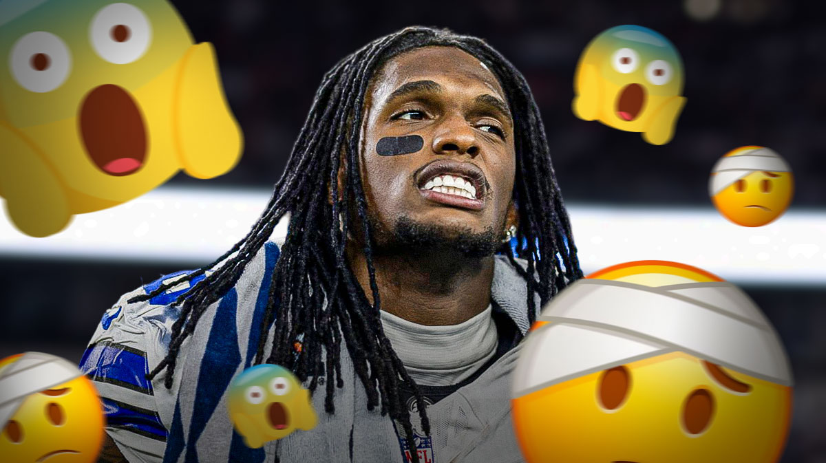 CeeDee Lamb in a Dallas Cowboys uniform with injured emojis and face screaming emojis around him as Lamb is playing through pain and injury for the Cowboys offense.