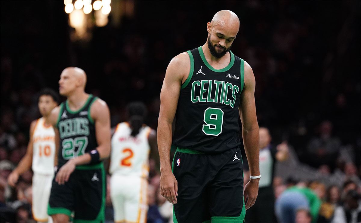 Boston Celtics guard Derrick White (9) reacts after a missed basket against the Atlanta Hawks in the second quarter at TD Garden.