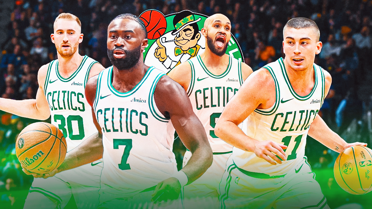 Celtics' Payton Pritchard, Sam Hauser, Jaylen Brown, Derrick White in front of Celtics logo