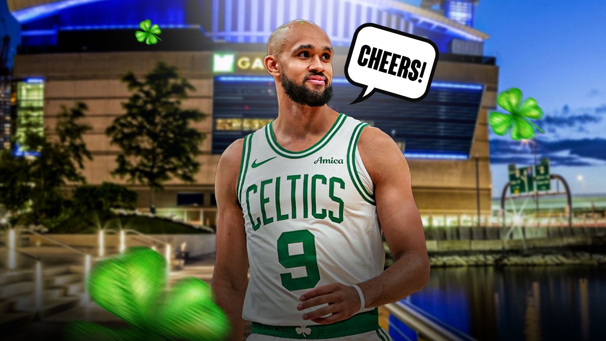 Celtics' Derrick White with a talk bubble CHEERS!
