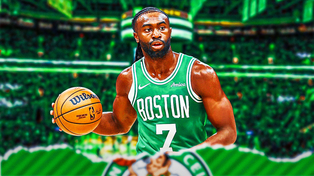 Boston Celtics star Jaylen Brow in front of TD Garden.