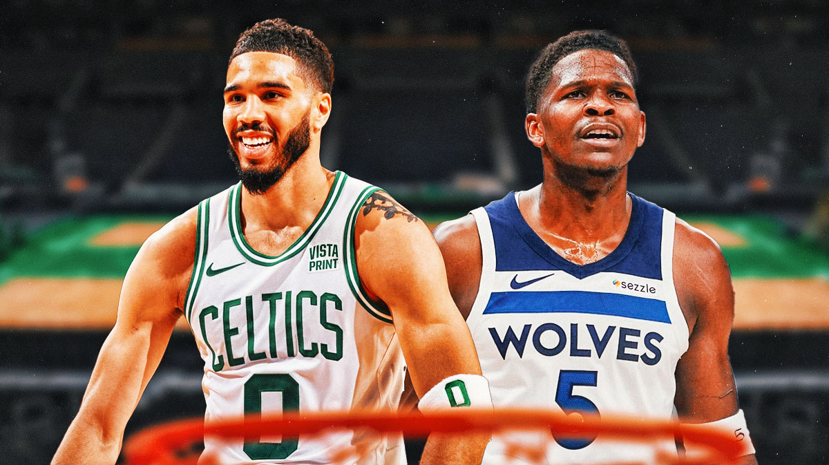 Jayson Tatum looking hyped next to a disappointed/serious Anthony Edwards