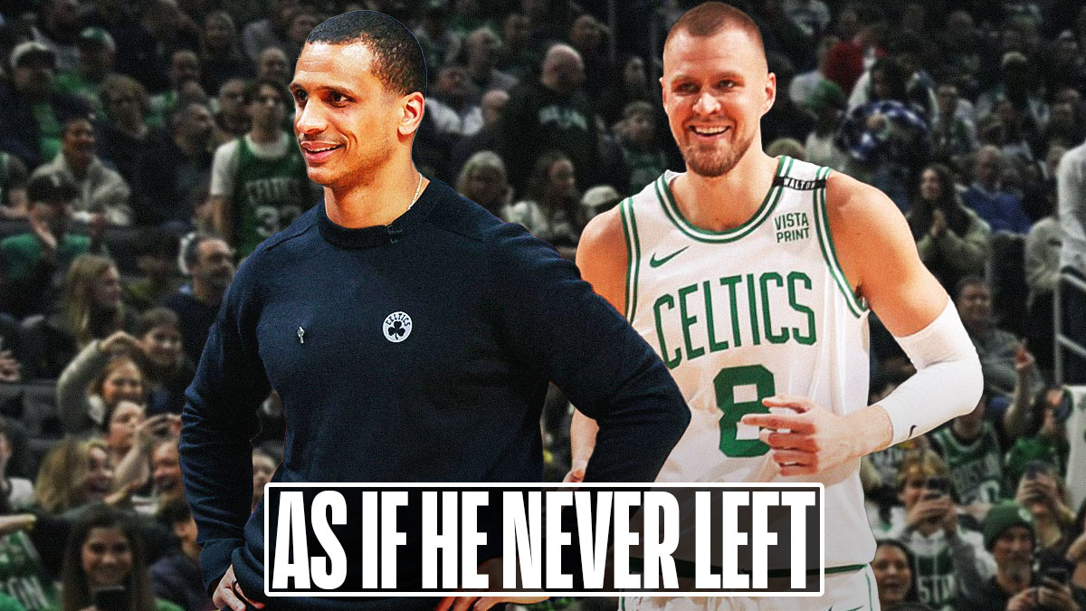 Celtics' Kristaps Porzingis and Joe Mazzulla smiling, with caption below: AS IF HE NEVER LEFT