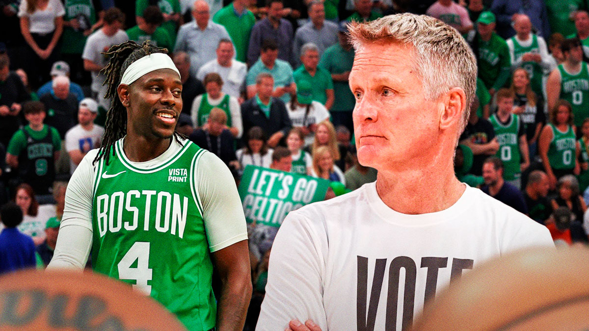 Jrue Holiday (Celtics jersey) smiling next to Steve Kerr while surrounded by Celtics/Boston fans