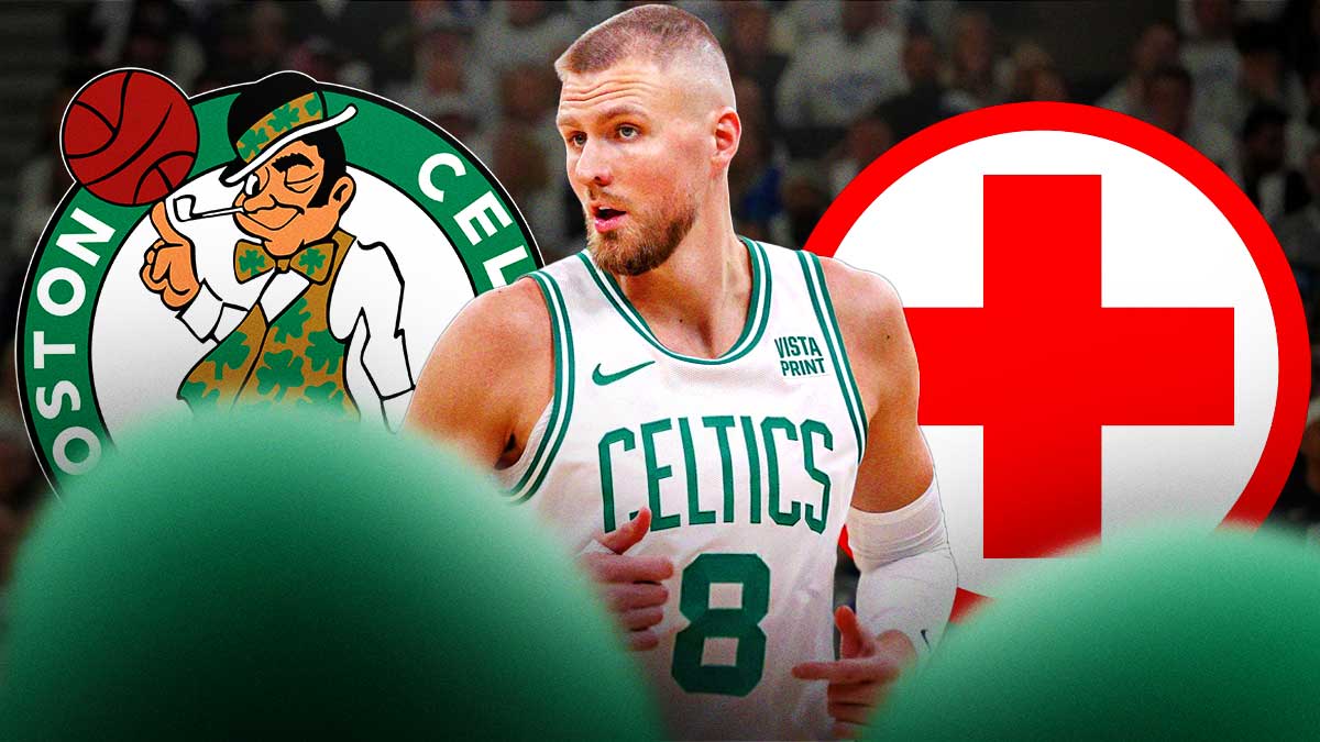 Celtics center Kristaps Porzingis with the health sign next to him and the Celtics logo in the background