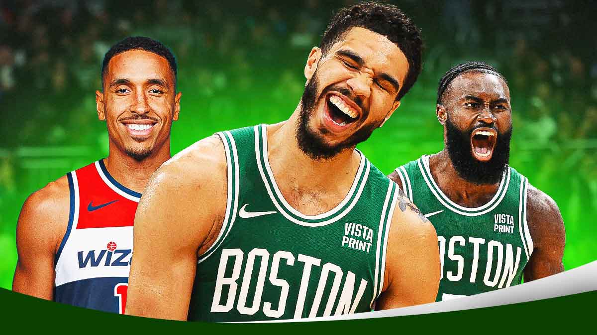 Wizards' Malcolm Brogdon smiling, with Celtics' Jayson Tatum and Jaylen Brown hyped up together beside Brogdon