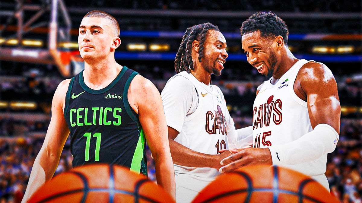 Payton Pritchard (Celtics jersey) looking focused/serious next to a hyped Donovan Mitchell and Darius Garland (Cavs jerseys). Can be on a Celtics or Boston city background