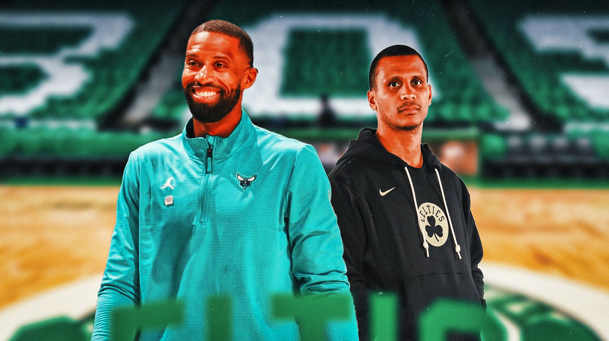 Charles lee (in hornets gear) looking happy/smiling next to a very serious Joe Mazzulla (Celtics gear). Can either be a generic Celtics background or a cold background