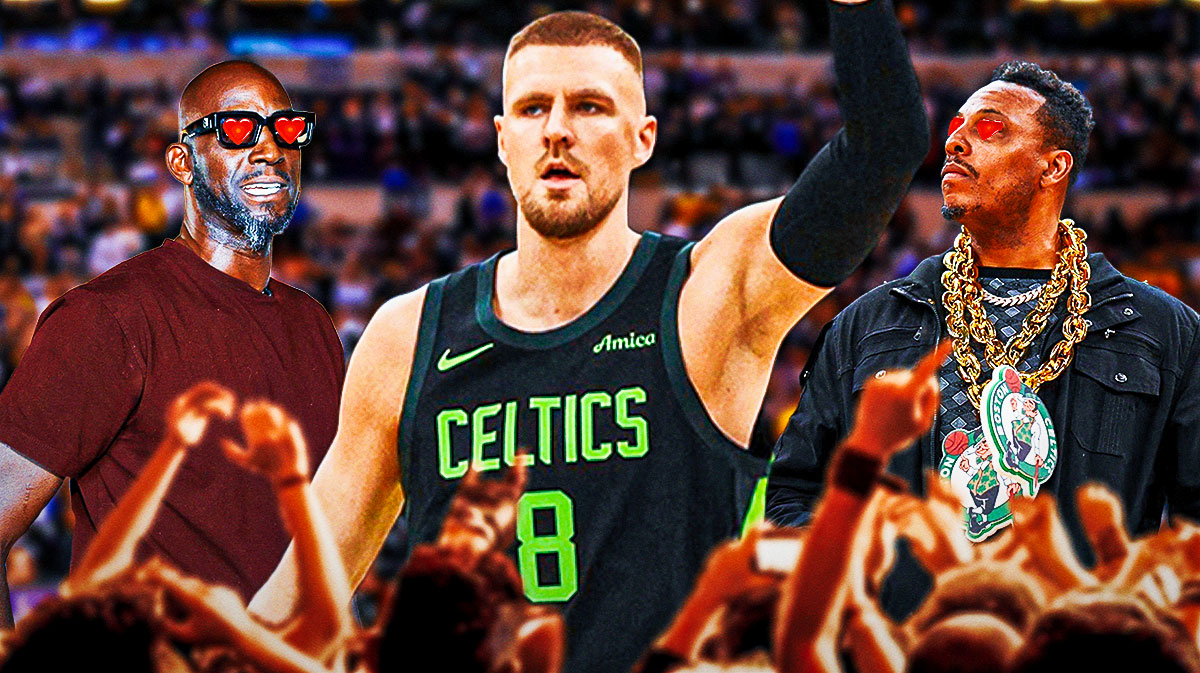 Paul Pierce and Kevin Garnett with hearts all over them while looking at Celtics' Kristaps Porzingis