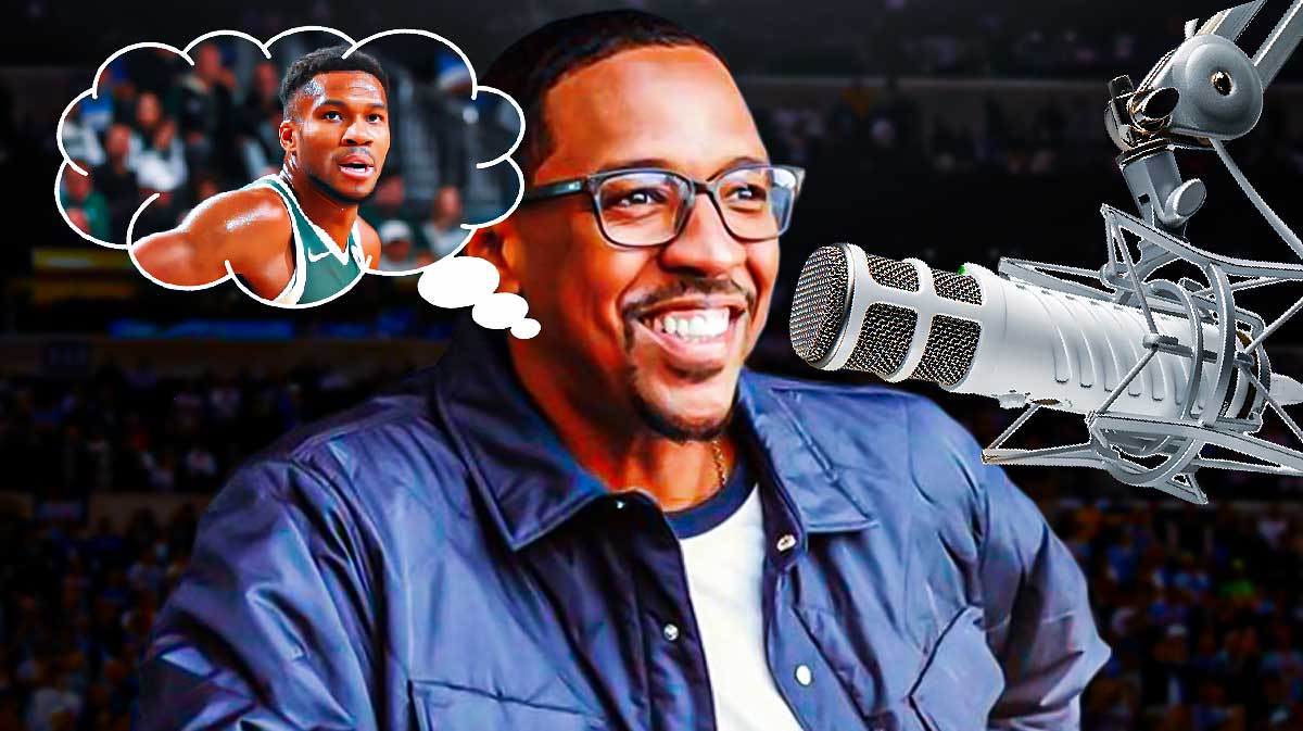 Former NBA player Channing Frye with a podcast microphone in front of him, and a thought bubble of Giannis Antetokounmpo