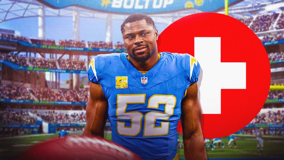 Khalil Mack in a Los Angeles Chargers uniform with a red and white first aid symbol as Mack is coming off an injury hoping to play for the Chargers defense on Monday.