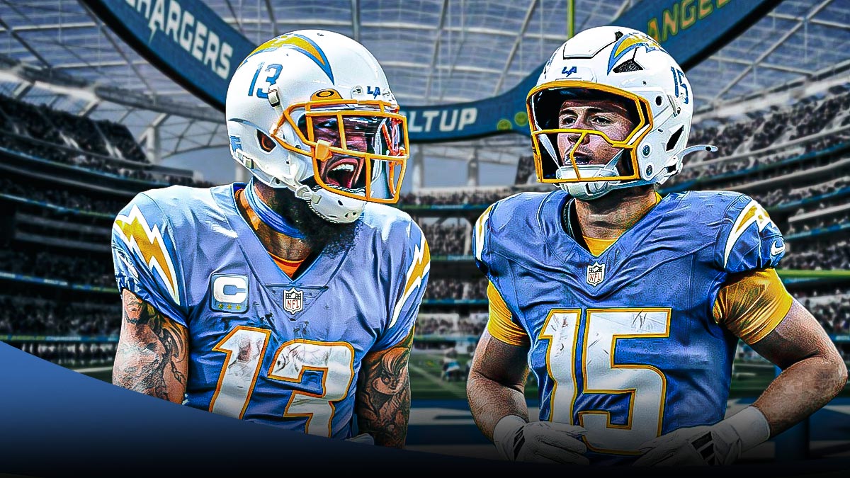 Ladd McConkey standing next to Keenan Allen with 100 receiving yards