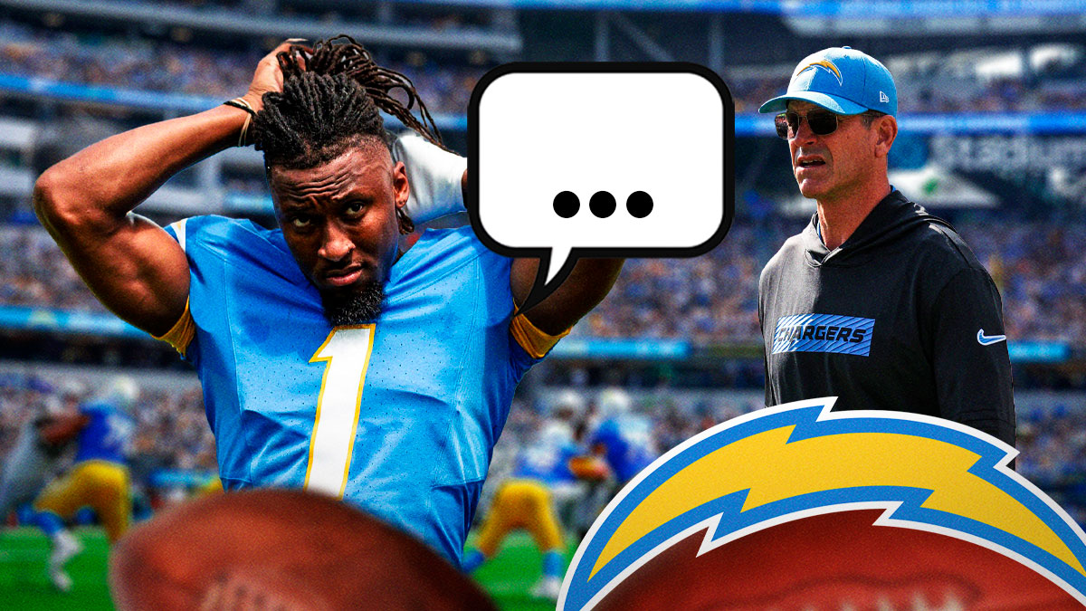 Los Angeles Chargers WR Quentin Johnston with a speech bubble that has the three dots emoji inside. He is next to Chargers coach Jim Harbaugh. There is also a logo for the Los Angeles Chargers.