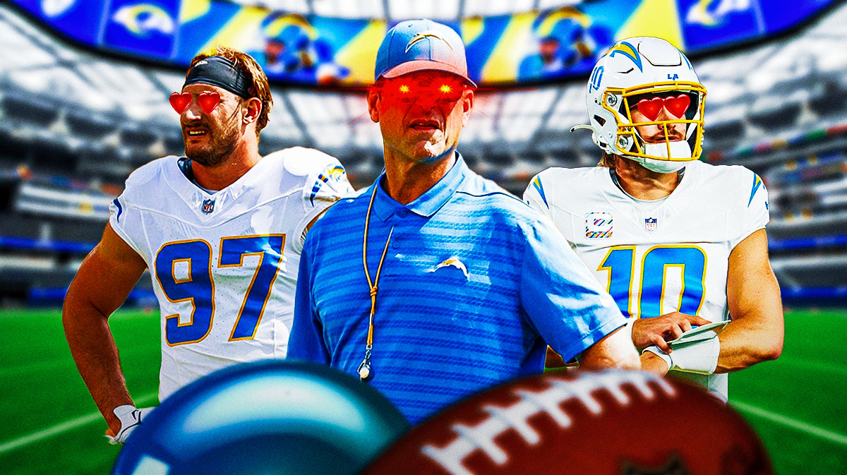 Joey Bosa and Justin Herbert, both with hearts in their eyes, with Jim Harbaugh (with lightning in his eyes) in the middle between them.