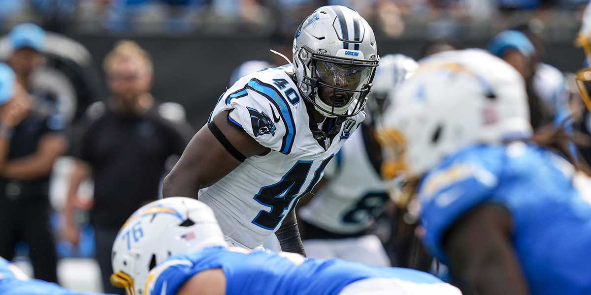 Carolina Panthers linebacker Charles Harris (40) looks at the offense of Los Angeles Chargers during the second half at Bank of America Stadium.