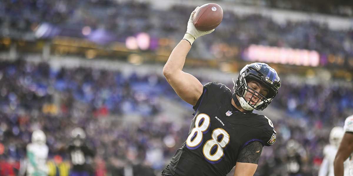 Baltimore Ravens tight end Charlie Kolar (88) reacts after scoring a second half touchdown against the Miami Dolphins at M&T Bank Stadium.Baltimore Ravens defeated Miami Dolphins 56-19. 