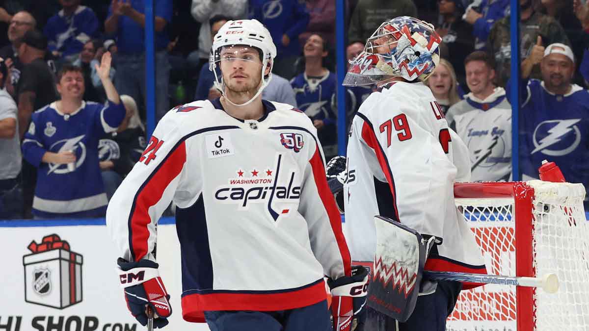 Washington Capitals goaltender Charlie Lindgren (79) and Washington Capitals center Connor McMichael (24) look on after a goal against the Tampa Bay Lightning during the third period at Amalie Arena.