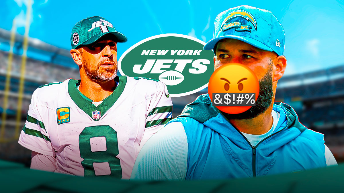 Chase Daniel with a big 🤬NSFW cursing emoji over his mouth next to Jets' Aaron Rodgers and a Jets logo