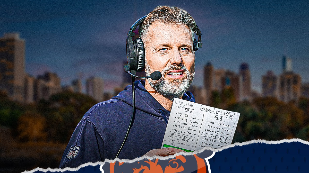 Bears HC Matt Eberflus, Chicago skyline behind him