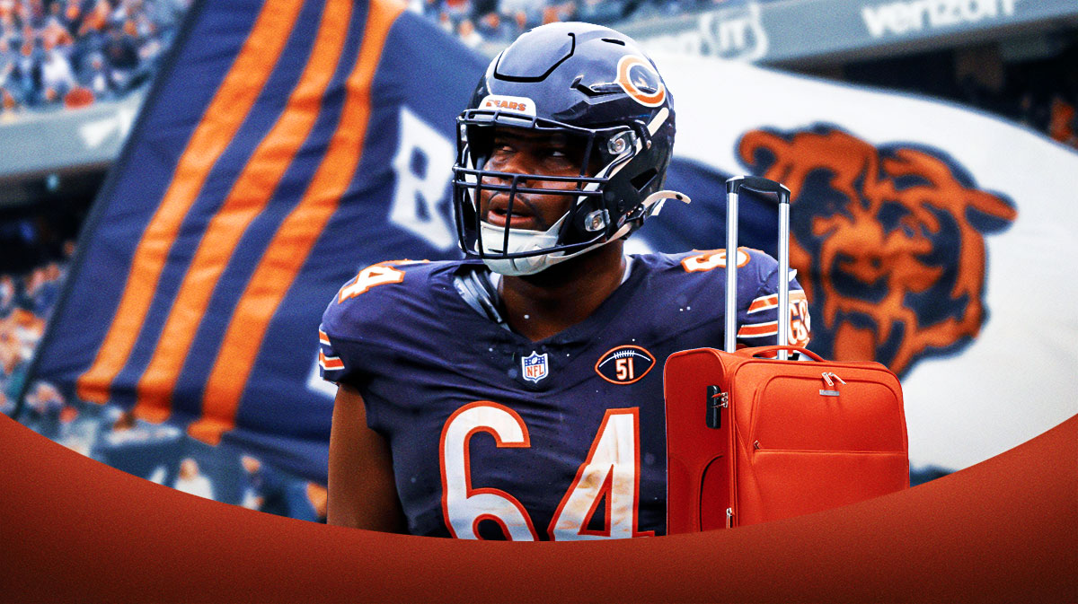 Chicago Bears offensive lineman Nate Davis with a backpack on and a background of Soldier Field