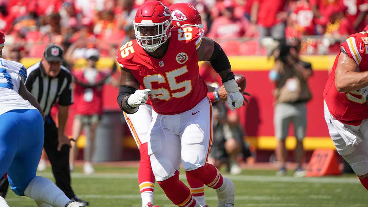 Kansas City Chiefs guard Trey Smith (65) prepares to block against the Detroit Lions during the game at GEHA Field at Arrowhead Stadium.