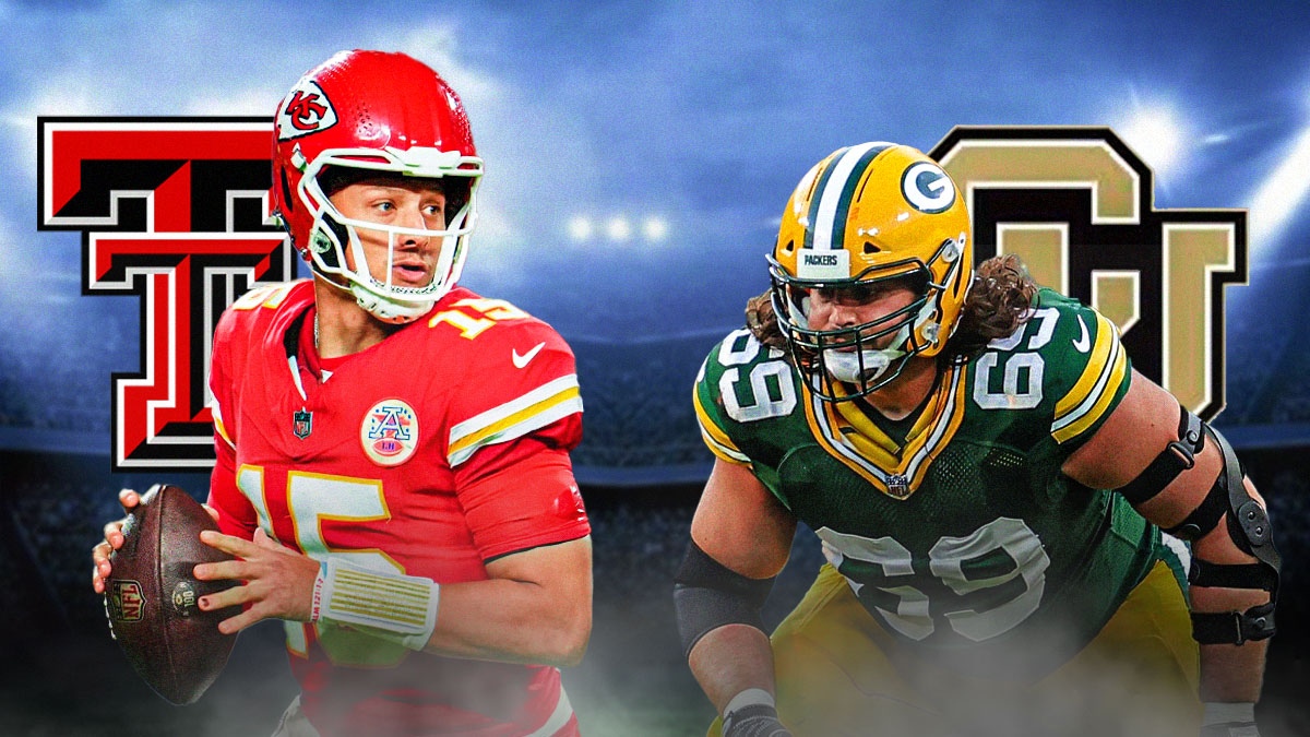 Chiefs Patrick Mahomes with the Texas Tech logo next to David Bakhtiari with the Colorado Boulder logo