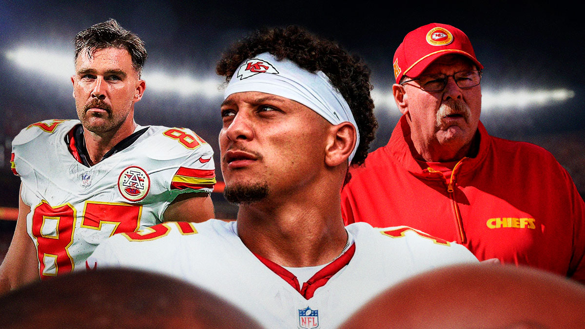 Patrick Mahomes in Chiefs uniform next to Travis Kelce and Andy Reid.