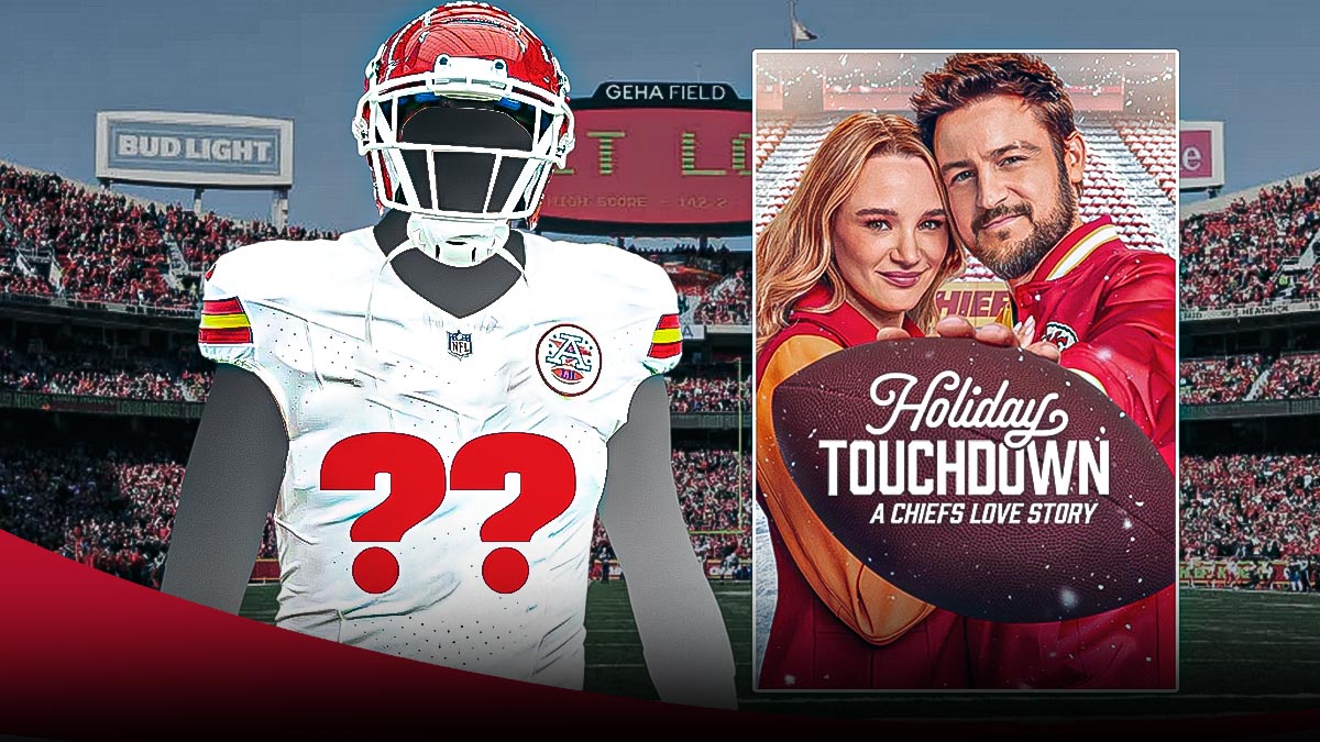 The Holiday Touchdown: A Chiefs Love Story poster next to a blacked-out player wearing a Chiefs jersey with a question mark instead of a number.
