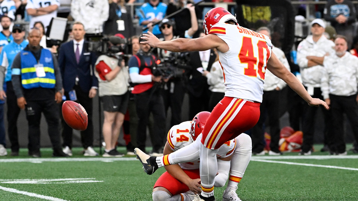 Kansas City Chiefs place kicker Spencer Shrader (40) kicks the winning field goal at the end of the game at Bank of America Stadium.